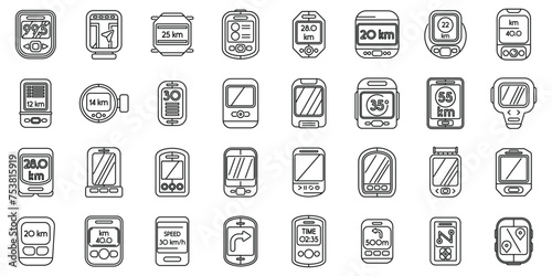 Bike computer icons set outline vector. Road digital sports. Healthy speed
