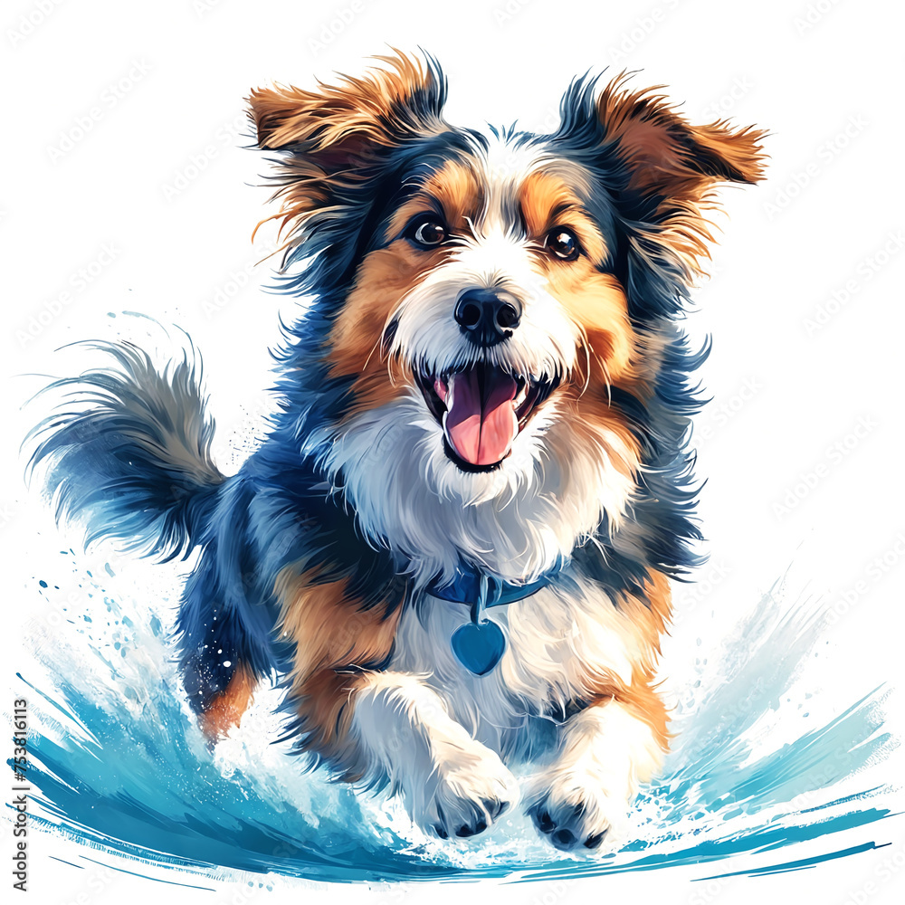Vibrant illustration of a joyful brown and white dog running and splashing in clear water, isolated on a white background, showcasing the happiness of a playful pet enjoying a swim in nature