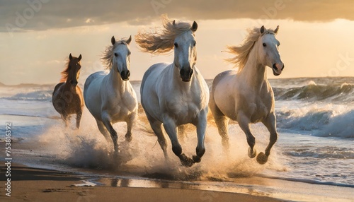 High-quality PHOTO White Stallions GALLOPING ON THE BEACH with ocean waves
