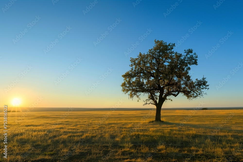A serene image of a single tree standing tall in the middle of a vast, open field under the clear blue sky, symbolizing growth, strength, and sustainability on Earth Day.