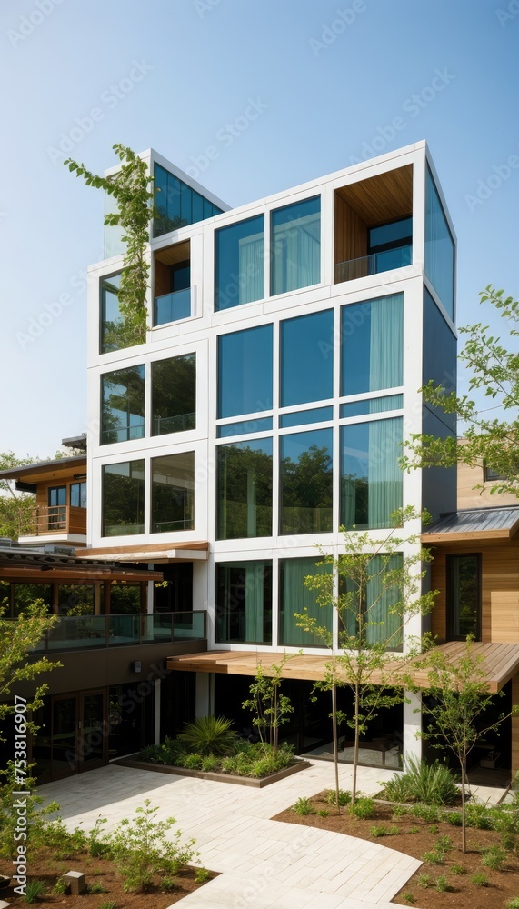 a modern glass building adorned with lush green plants, trees, and bushes, embodying the principles of business architecture, environmental friendliness, and eco-concept. 3D render