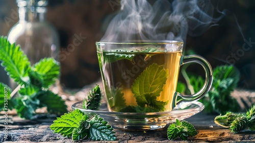 A cup of steaming nettle tea with fresh leaves