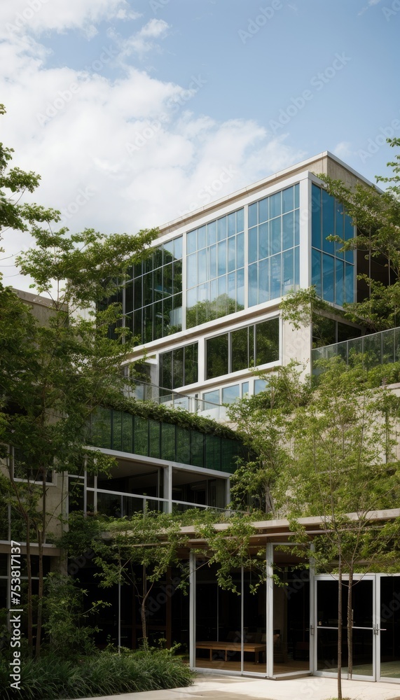 a modern glass building adorned with lush green plants, trees, and bushes, embodying the principles of business architecture, environmental friendliness, and eco-concept. 3D render a modern glass building adorned with lush green plants, trees, and bushes, embodying the principles of business architecture, environmental friendliness, and eco-concept. 3D render