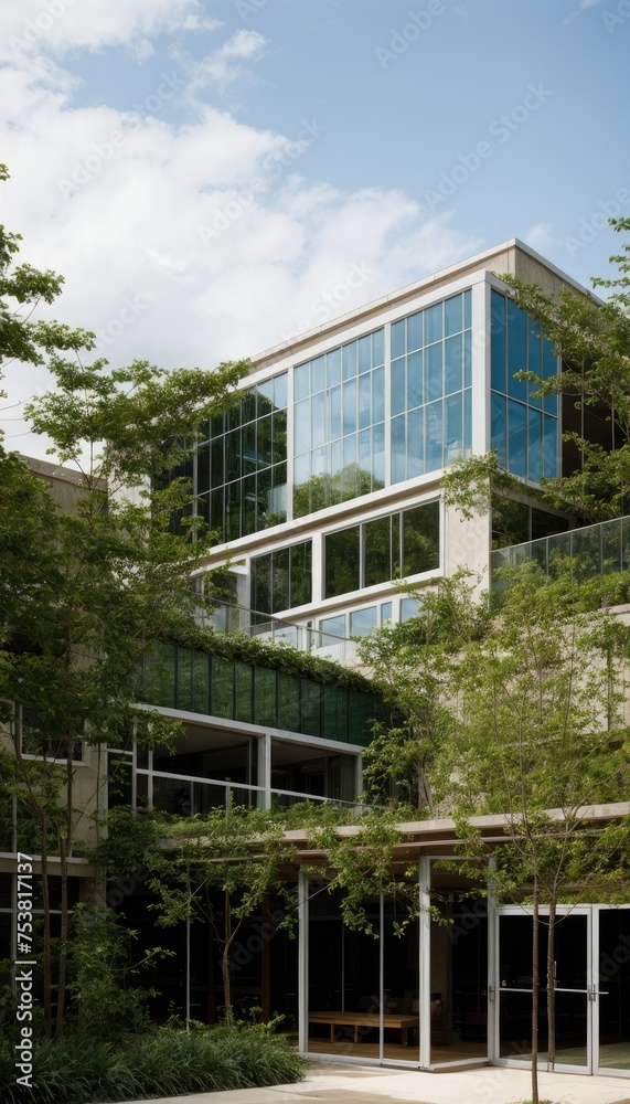 a modern glass building adorned with lush green plants, trees, and bushes, embodying the principles of business architecture, environmental friendliness, and eco-concept. 3D render