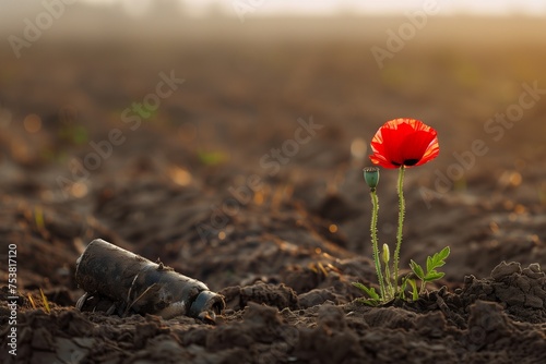A poignant image of a single, bright red poppy growing in the center of an otherwise barren field, with a deactivated mine partially buried in the soil nearby. photo