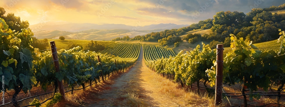 a vineyard with a sunset in the background