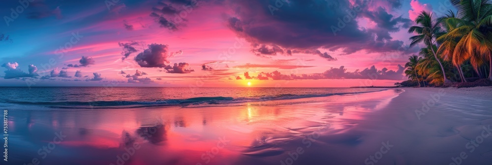 Tropical Beach Ablaze with Sunset Colors