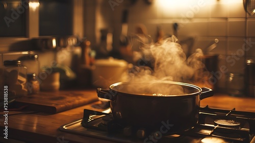 A cozy kitchen scene with a steaming pot of homemade soup simmering on the stove