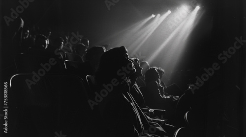 In the 1930s, a black and white photograph captures people waiting to watch a movie, illuminated by a row of bright spotlights as they patiently anticipate the show.