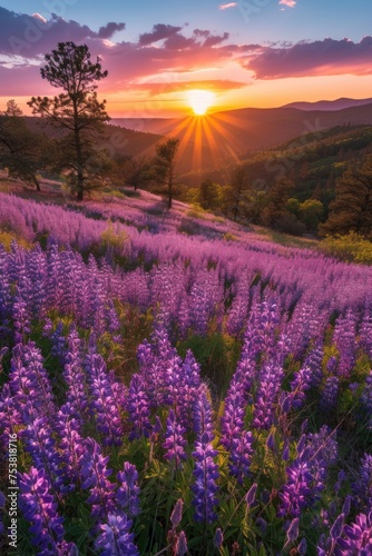 Sunset Glow over a Field of Purple Wildflowers