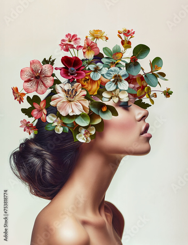 A woman with flowers in her hair and a neutral expression on her face. Pop collage , colorful and vibrant floral Fashion, pop