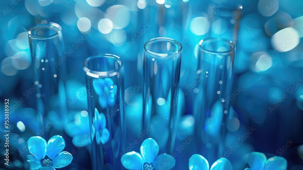 Cyan Science Floral Fantasy, artistic portrayal of test tubes amidst ethereal blue flowers, symbolizing the fusion of nature and science Cyan Science Floral Fantasy, artistic portrayal of test tubes amidst ethereal blue flowers, symbolizing the fusion of nature and science