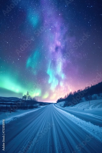 Polar Twilight with Aurora Borealis Above a Snow-covered Path