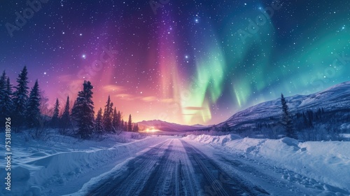 Polar Twilight with Aurora Borealis Above a Snow-covered Path © Landscape Planet