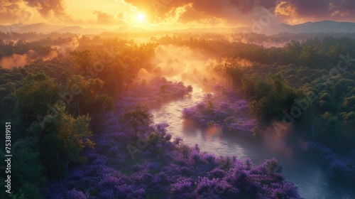 Sunbeam Veil Over the Winding River in Lush Woodlands