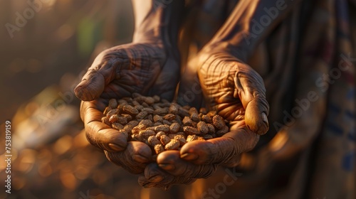 Hands Holding Peanuts at Sunset, Weathered hands cup a bounty of peanuts, bathed in the warm glow of a setting sun, highlighting agricultural richness