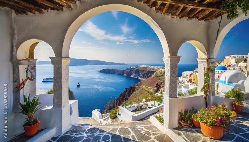 Fototapeta premium High-quality photo , view of arched gate with a view to the sea beach living Santorini island