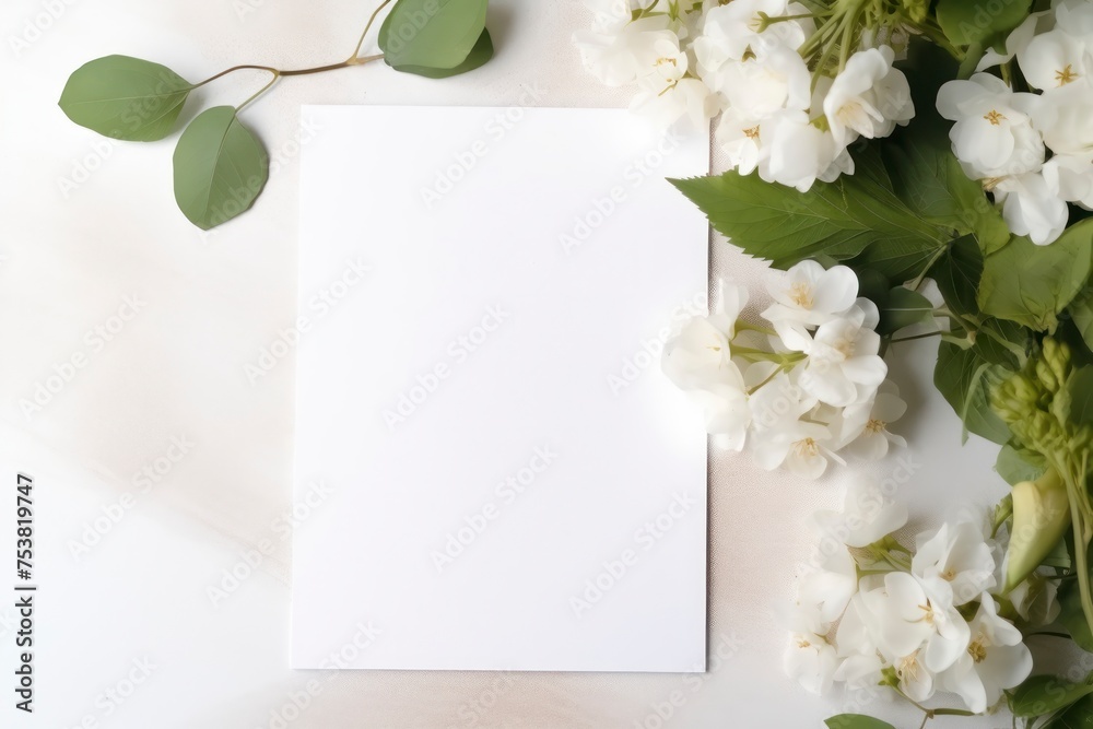 Blank white paper sheet mockup with flower background.