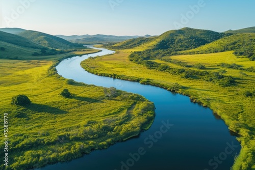 Verdant Rolling Hills and River Scenery