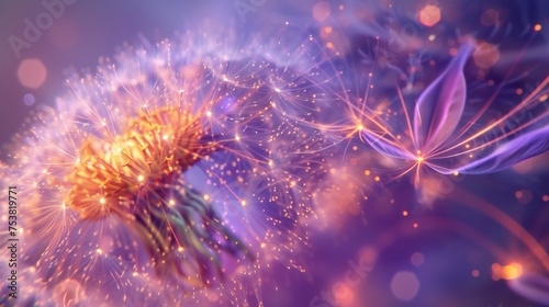 Nebula Dance: Dandelion's petals shimmer with ferrofluids and stardust, swirling in a cosmic euphoria. photo