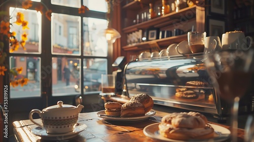 A cozy cafe scene with freshly brewed coffee and a selection of pastries