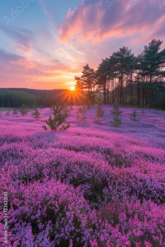 Sunset Glow over a Field of Purple Wildflowers