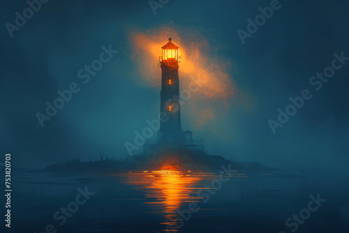 Illuminated lighthouse in a mystical foggy seascape. Atmospheric digital painting with a nautical and guidance concept. Maritime art for wall decor, storytelling, and inspiration