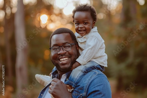 dark-haired man carries his son on his shoulders, both show a smile