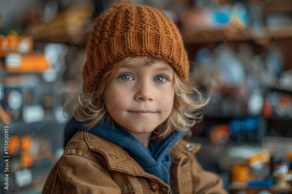 Close-up of a young child with bright eyes wearing a knitted hat and warm jacket in a store Close-up of a young child with bright eyes wearing a knitted hat and warm jacket in a store