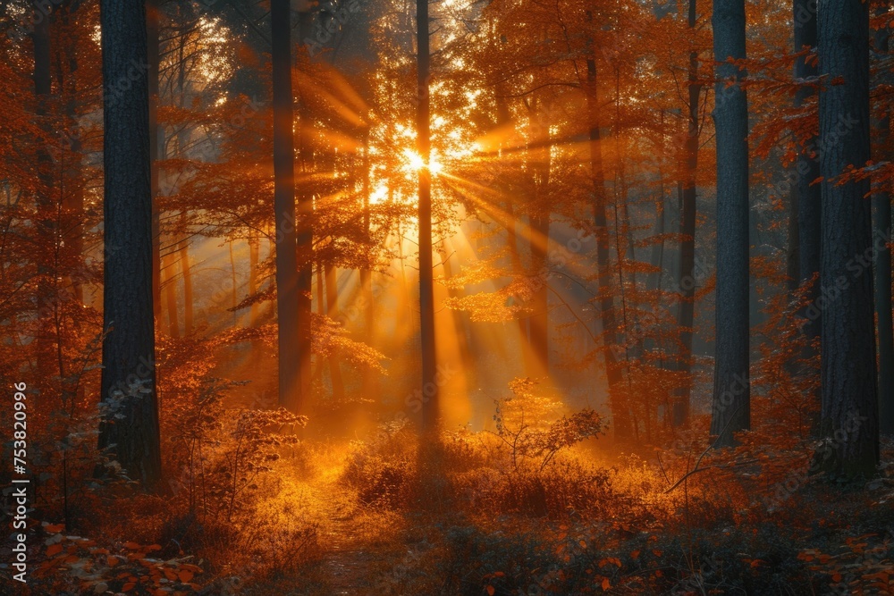 Sunrise in Forest with Radiant Sunbeams and Autumn Colors
