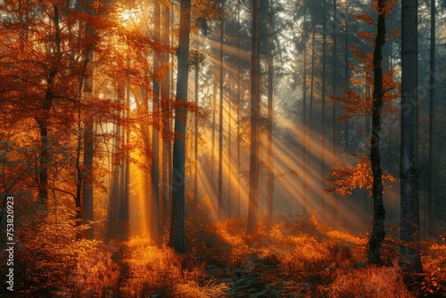 Sunrise in Forest with Radiant Sunbeams and Autumn Colors © Landscape Planet