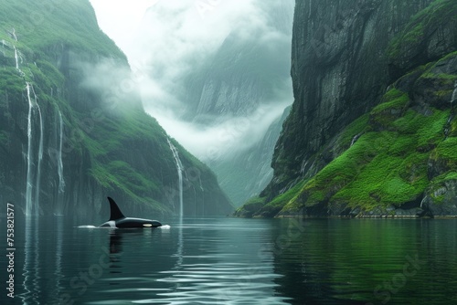 Serene Misty Fjord with Orca photo