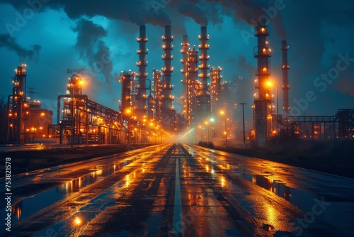 A dramatic night-time view of a brightly lit industrial plant with towering chimneys reflecting on wet ground