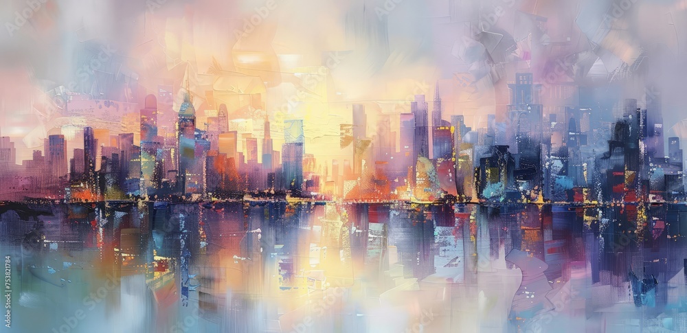 A painting depicting a cityscape with a lake prominently featured in the foreground, showcasing the architectural structures against a backdrop of serene waters. A painting depicting a cityscape with a lake prominently featured in the foreground, showcasing the architectural structures against a backdrop of serene waters.