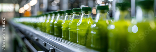 A line of lemonade bottles moving along a conveyor belt in a beverage factory. The bottles are being manufactured and packaged for distribution