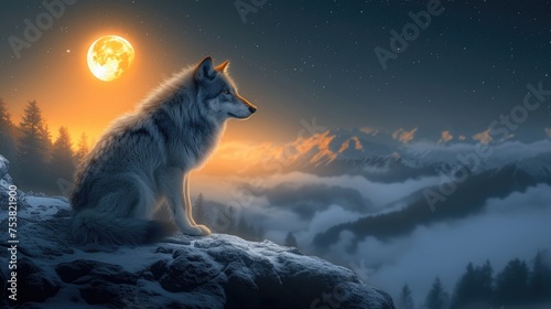 Serene Night Landscape with a Pensive White Wolf in Moonlit Silence