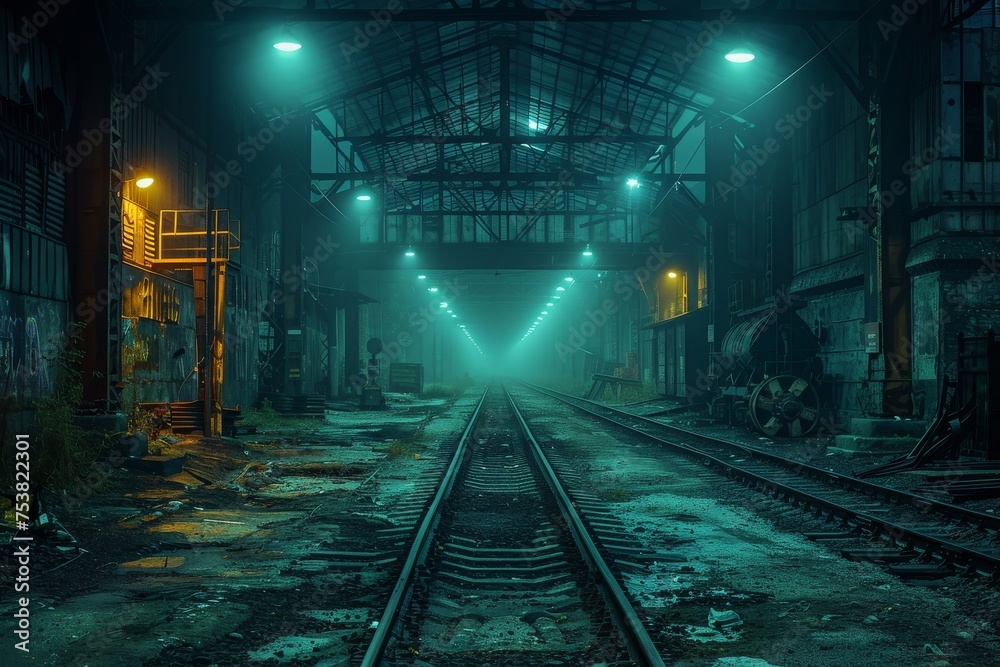 Naklejka premium A deserted railway track leads through a dimly lit, atmospheric, old industrial building, evoking a sense of mysteriously abandoned history