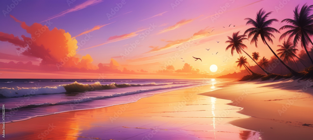 Illustration of a beach, where the horizon transforms into a spectacle of warm, soft colors. Highlight the sun saying goodbye to the day, painting the sky with shades of orange, pink and purple. 