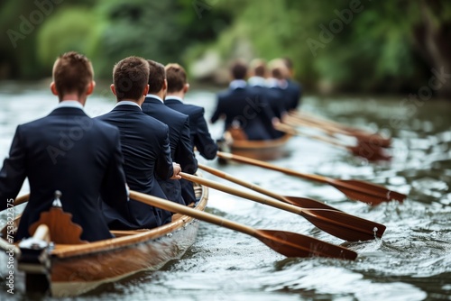 Group of businessmen in suits row oars in a boat on the river at competition, concept of perfect candidate and team building work with colleagues.