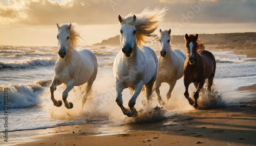 White Stallions GALLOPING ON THE BEACH with ocean waves and sand splashing 