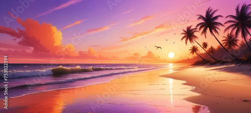 Illustration of a beach  where the horizon transforms into a spectacle of warm  soft colors. Highlight the sun saying goodbye to the day  painting the sky with shades of orange  pink and purple. 