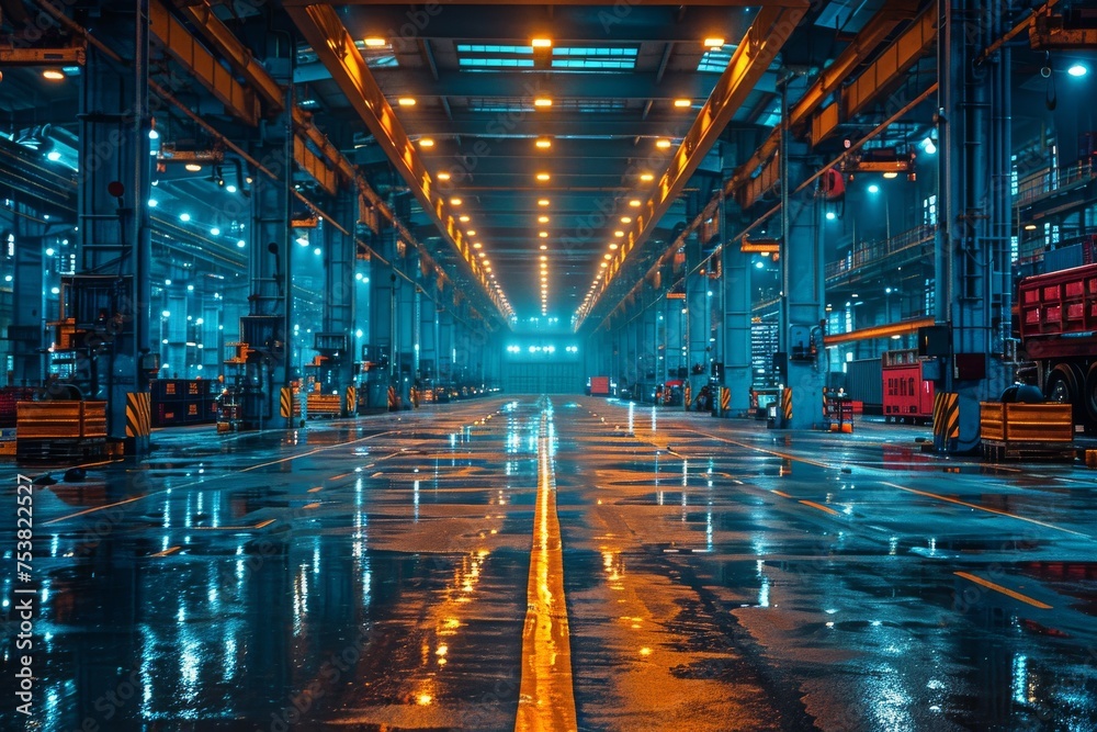 Captivating warehouse interior seen through a symmetrical composition, highlighting reflective surfaces from wet flooring Captivating warehouse interior seen through a symmetrical composition, highlighting reflective surfaces from wet flooring