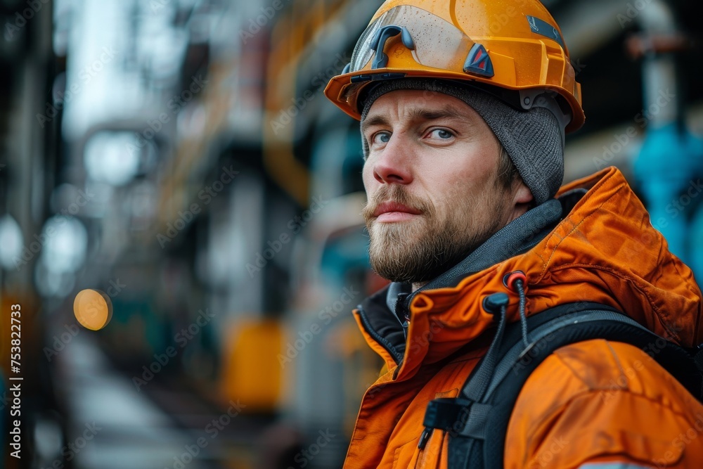 Close-up of a serious construction worker wearing a safety helmet and orange jacket on an industrial site Close-up of a serious construction worker wearing a safety helmet and orange jacket on an industrial site
