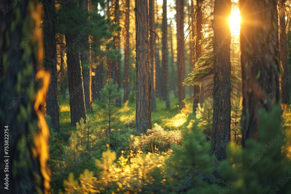 Obraz premium Sunlight streaming through a pine forest