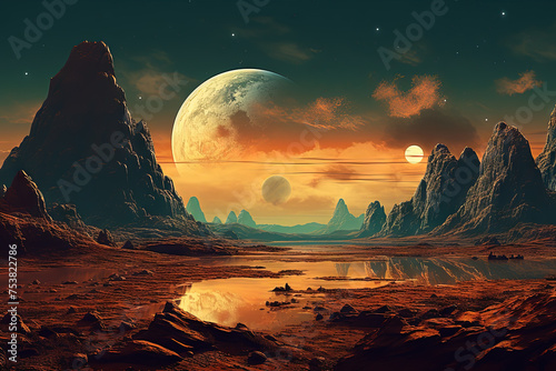 Alien planet landscape with mountains and moon over horizon in retro style.