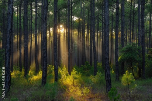 Scattered light in a lush green pine forest