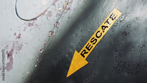 Yellow Rescue Arrow Decal on An Old Argentine Military Airplane. Close Up. 4K Resolution. photo