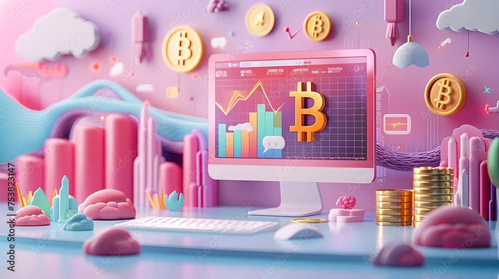 A computer monitor with a pink background and a bunch of coins and a B on it A computer monitor with a pink background and a bunch of coins and a B on it