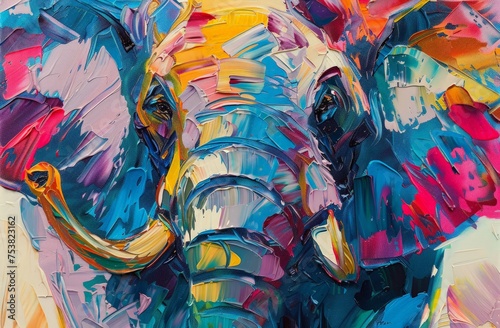 A colorful painting featuring an elephant with bright hues and lively details.