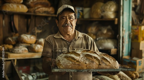 the man working in the bakery holding bread